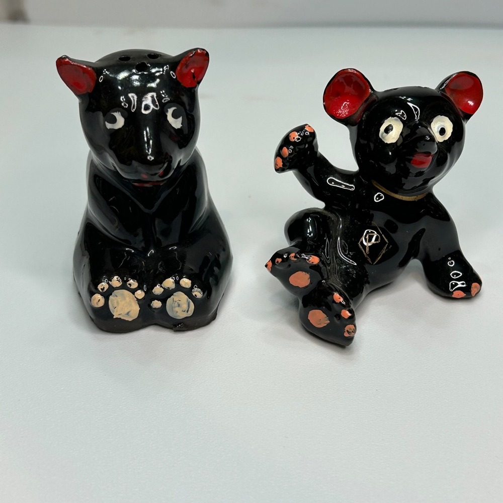 Vintage Black Bear Salt and Pepper Shakers Set Ceramic Japan Red Ears Figurines